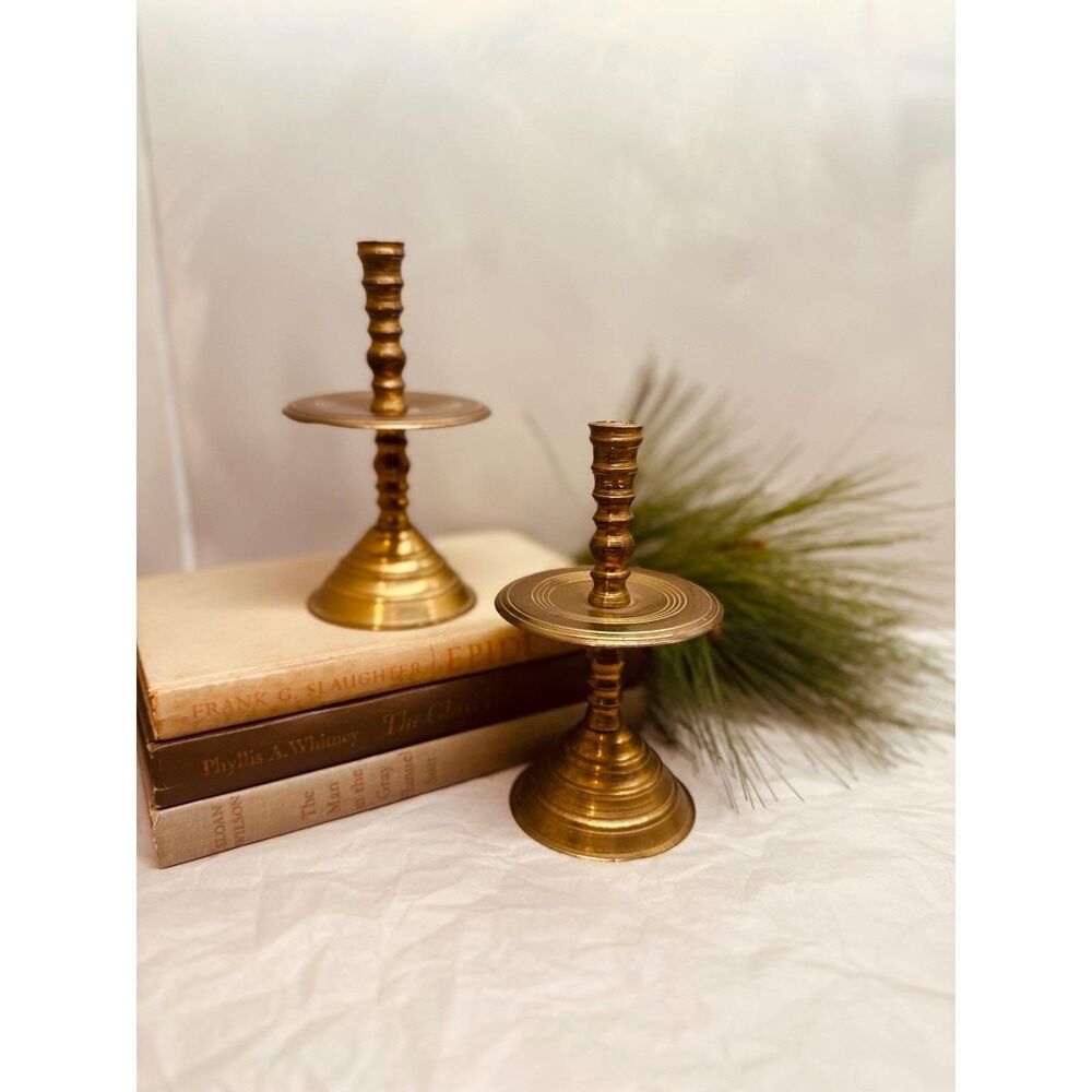 Antique 18th Century Dutch Brass Heemskerk Candlestick Holders, Mid Drip Pan, Se